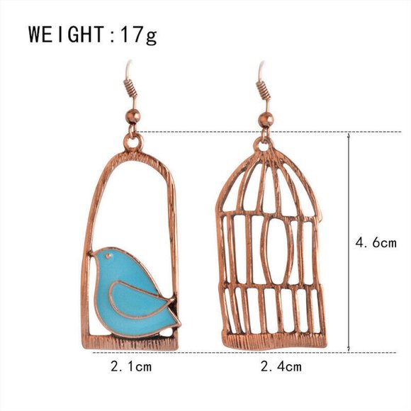 NEW Asymmetric Blue Birdcage Bird Cage Antique Bronze Dangle Earring - Present! - Picture 5 of 8